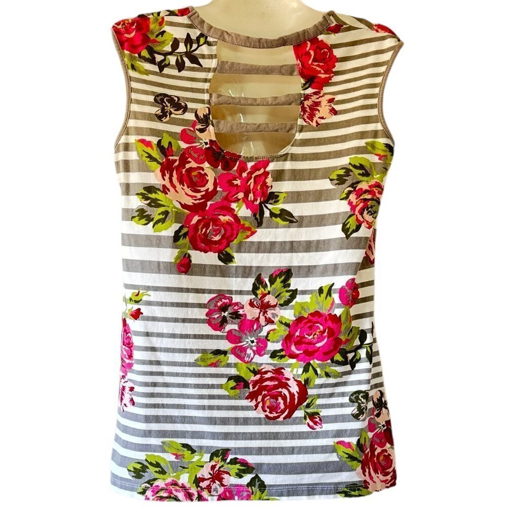 Lena Floral Sleeveless Top Cutouts in Back Grey and White Stripe Rose Floral  M